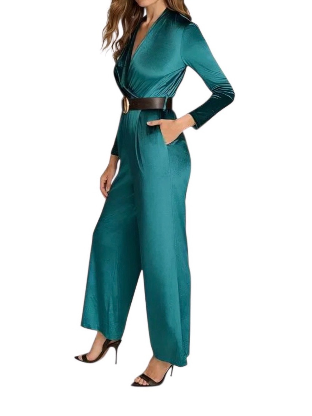 Donna Karan Teal velvet Wrap-Front Wide-Leg Jumpsuit - Picture 6 of 9